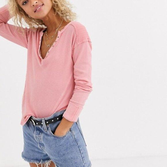 Free People Pink Military Mix Studded Henley Long Sleeve Top - Picture 1 of 12